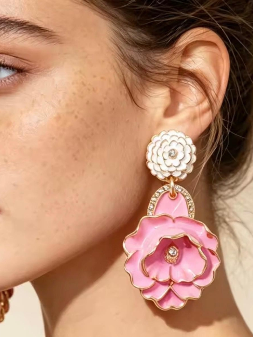 Pink and White Floral Drop Earrings